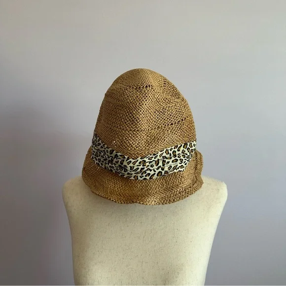 Woven Straw Hat with Attached Leopard Print Scarf - Picture 1 of 6